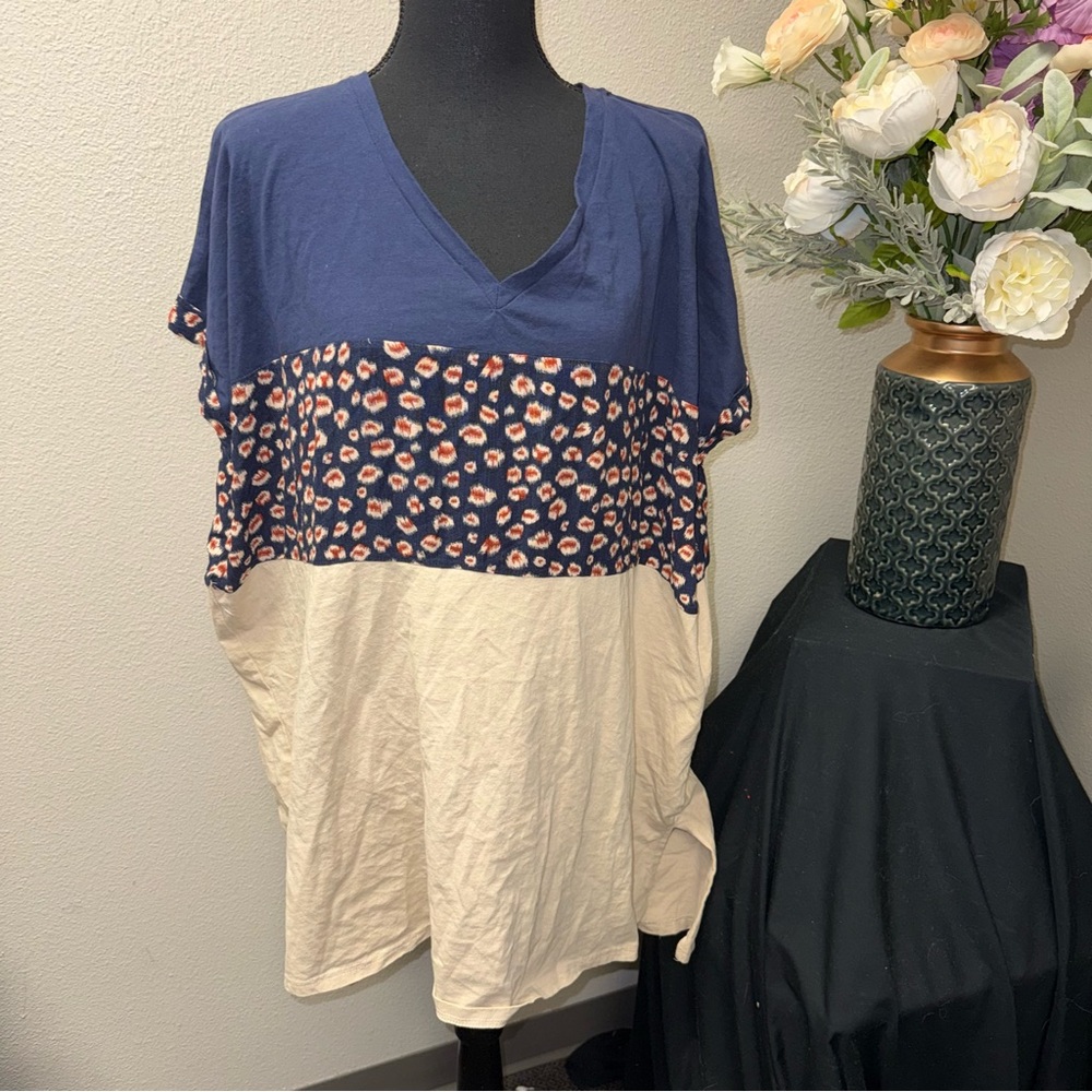 Umgee Colorblock V-Neck Top Navy Cream Floral Rayon Boho Summer